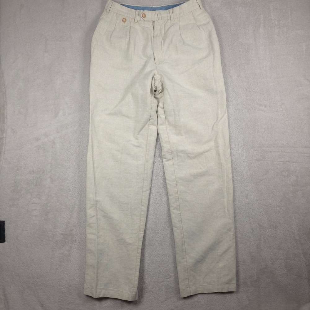 Faconnable Pants Mens 34 Beige Linen Cotton Blend Pleated Made in Portugal